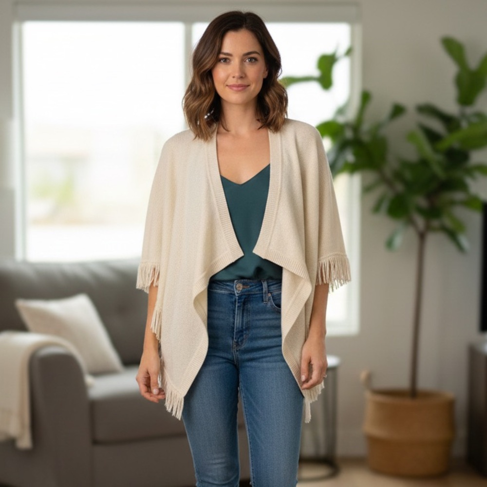 Club Monaco Sz M-L Cream 100% Cashmere Fringe Open Front Knit Cardigan